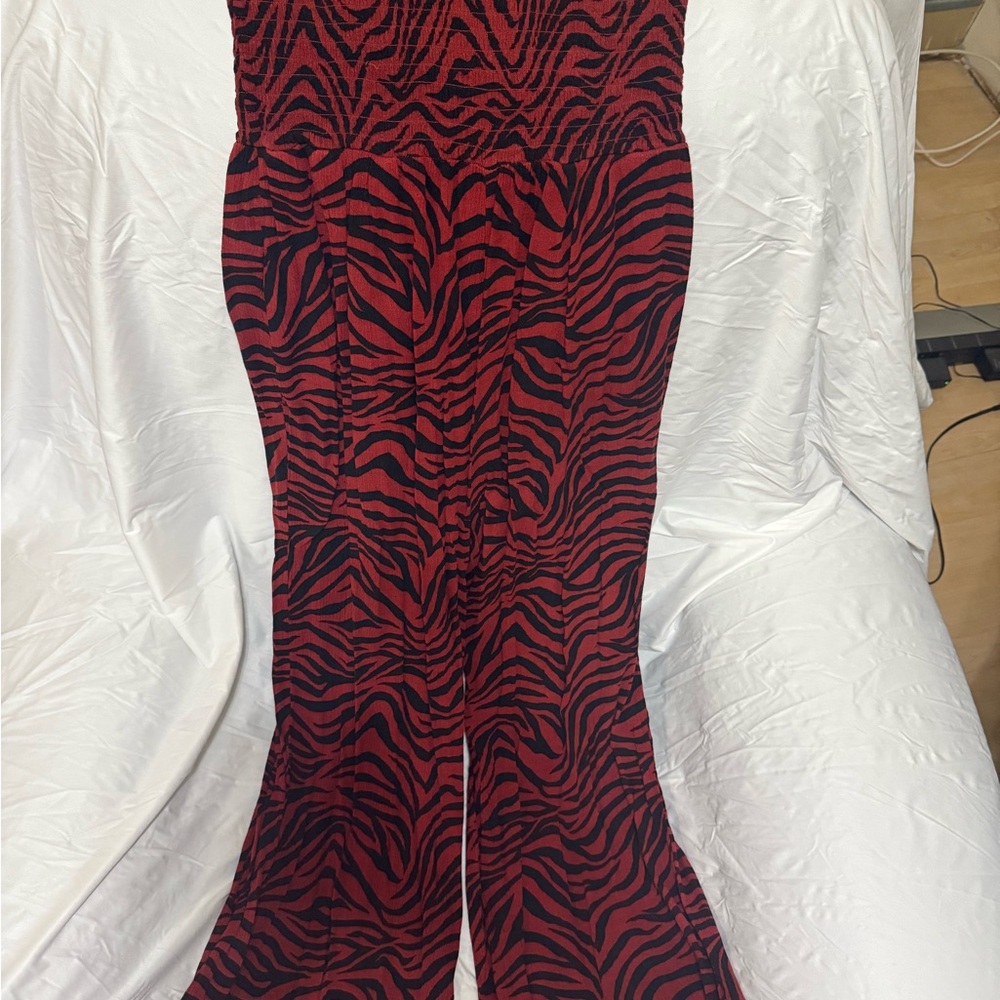LOFT Red and Black Animal Print Wide Leg Jumpsuit elastic